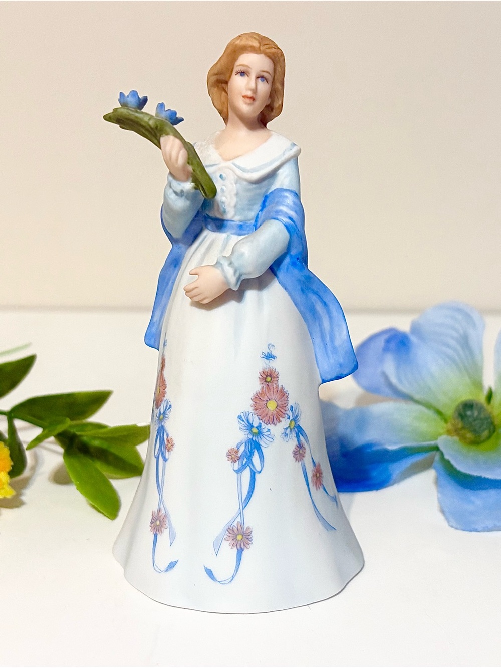 Vintage 1986 Enesco Porcelain Lady Bell September Adrianna w Asters-Elegant Deco